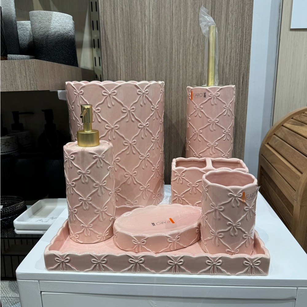 SOLD Coquette Bow Pink Bath Accessory Complete Ceramic Set